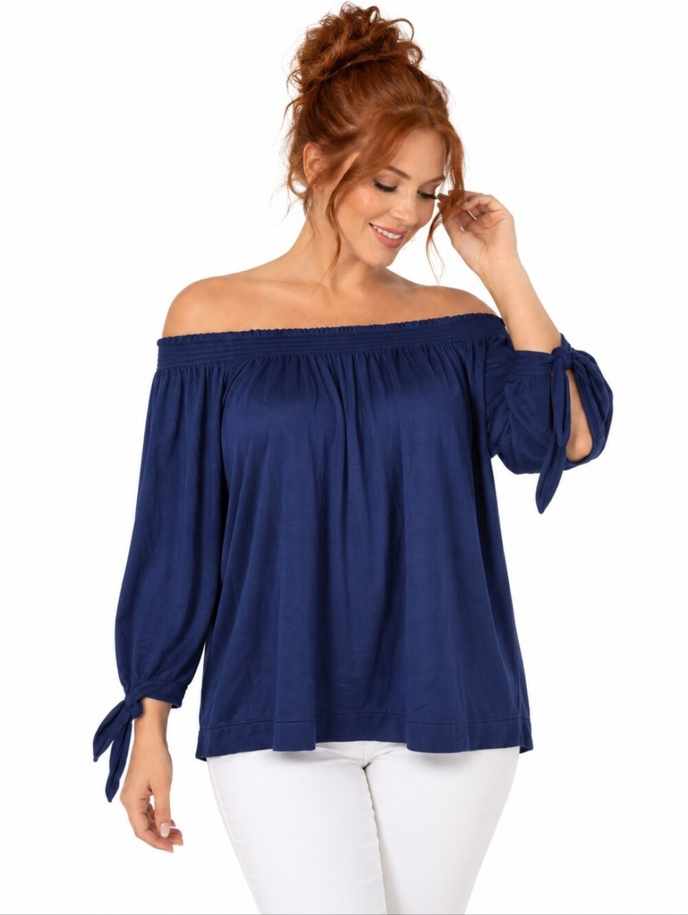 Chaps Navy Off Shoulder Long Sleeve Blouse with Tie Cuffs - Size M